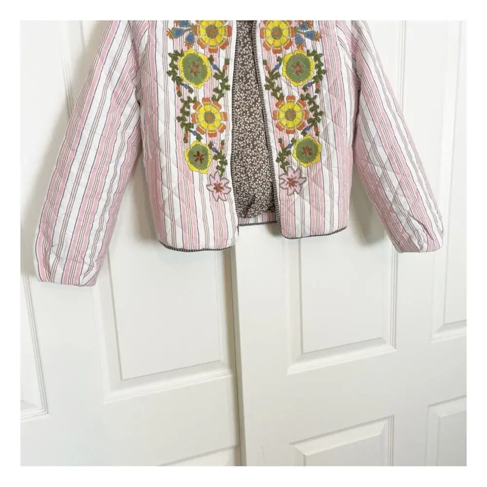 Boden Striped Embroidered Quilted Jacket Beaded Pink Crop Length Sz XS - Picture 5 of 13